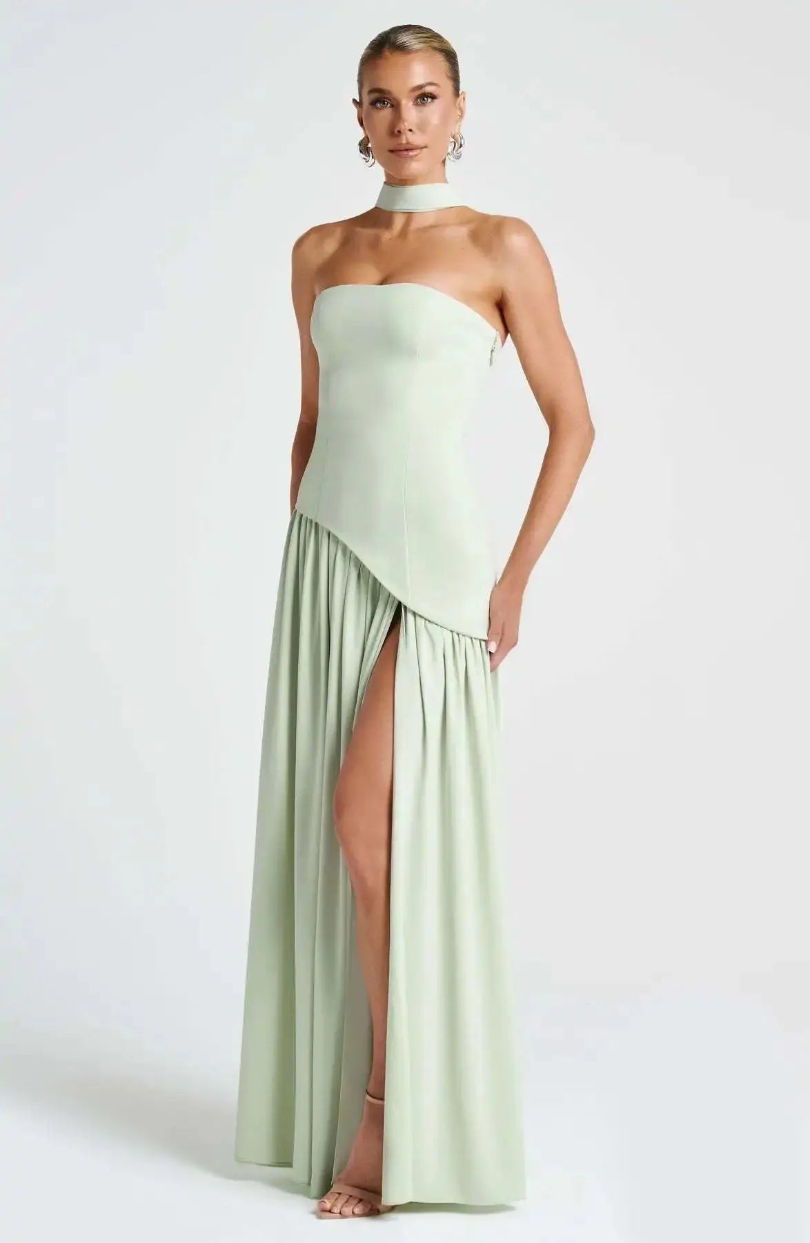 Sleek Solid Tube Top Maxi Dress with High Slit - Loran
