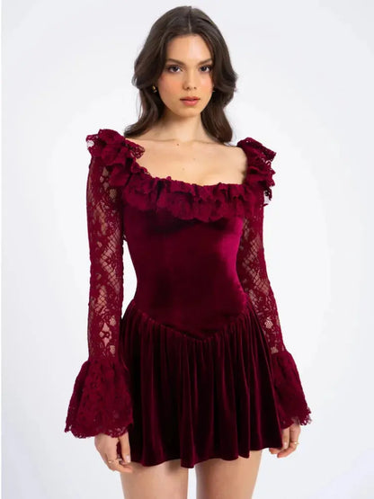 Backless Lace Mini Dress with Square Neck and Lace-Up Detail - Loran