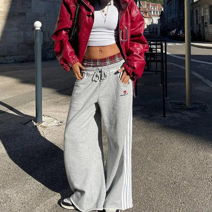 Retro College Double Waist Sweatpants Casual Sport Style