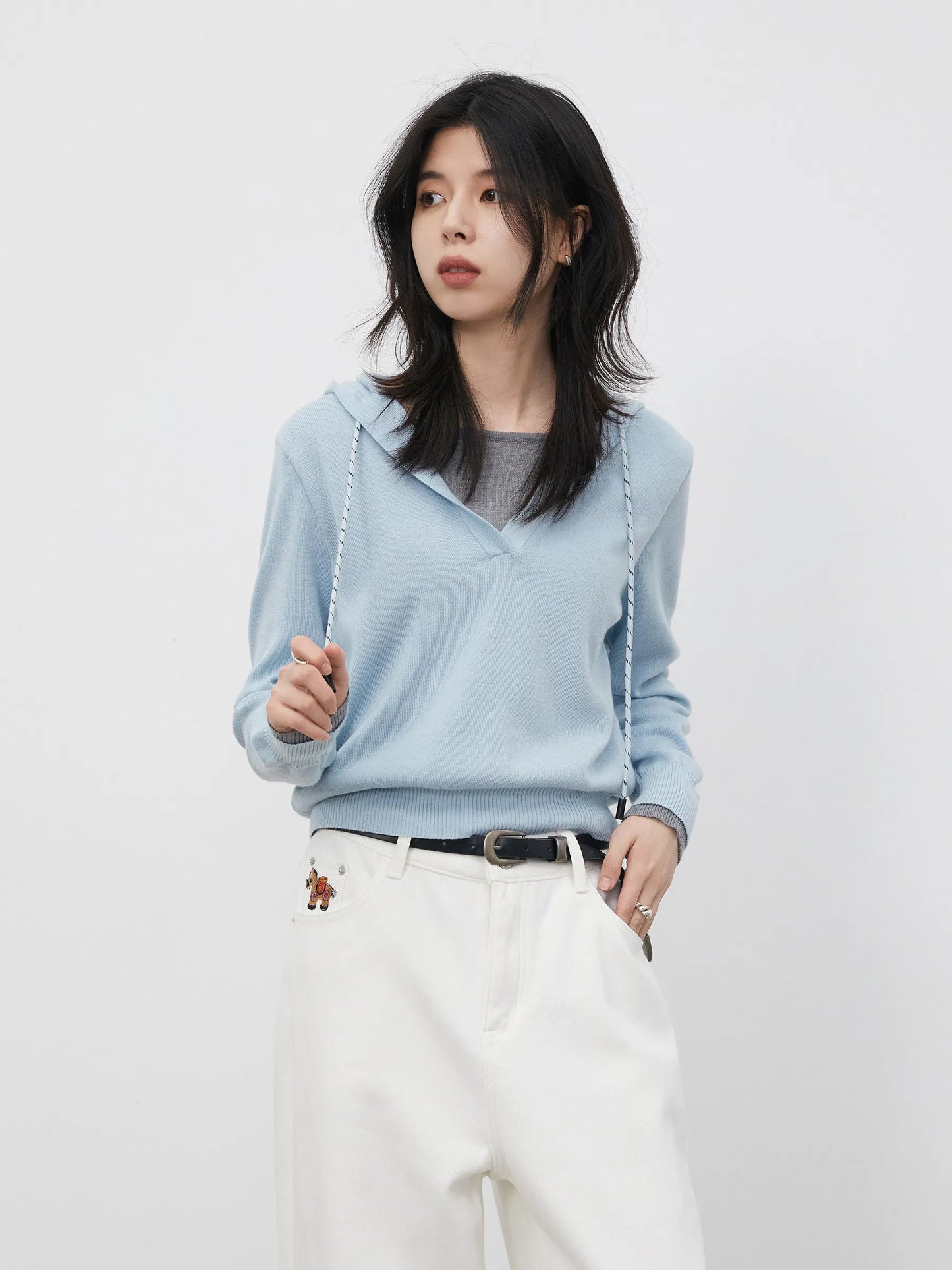 Casual Contrast Color Hooded Pullover - Loose Knit Sweater Loran