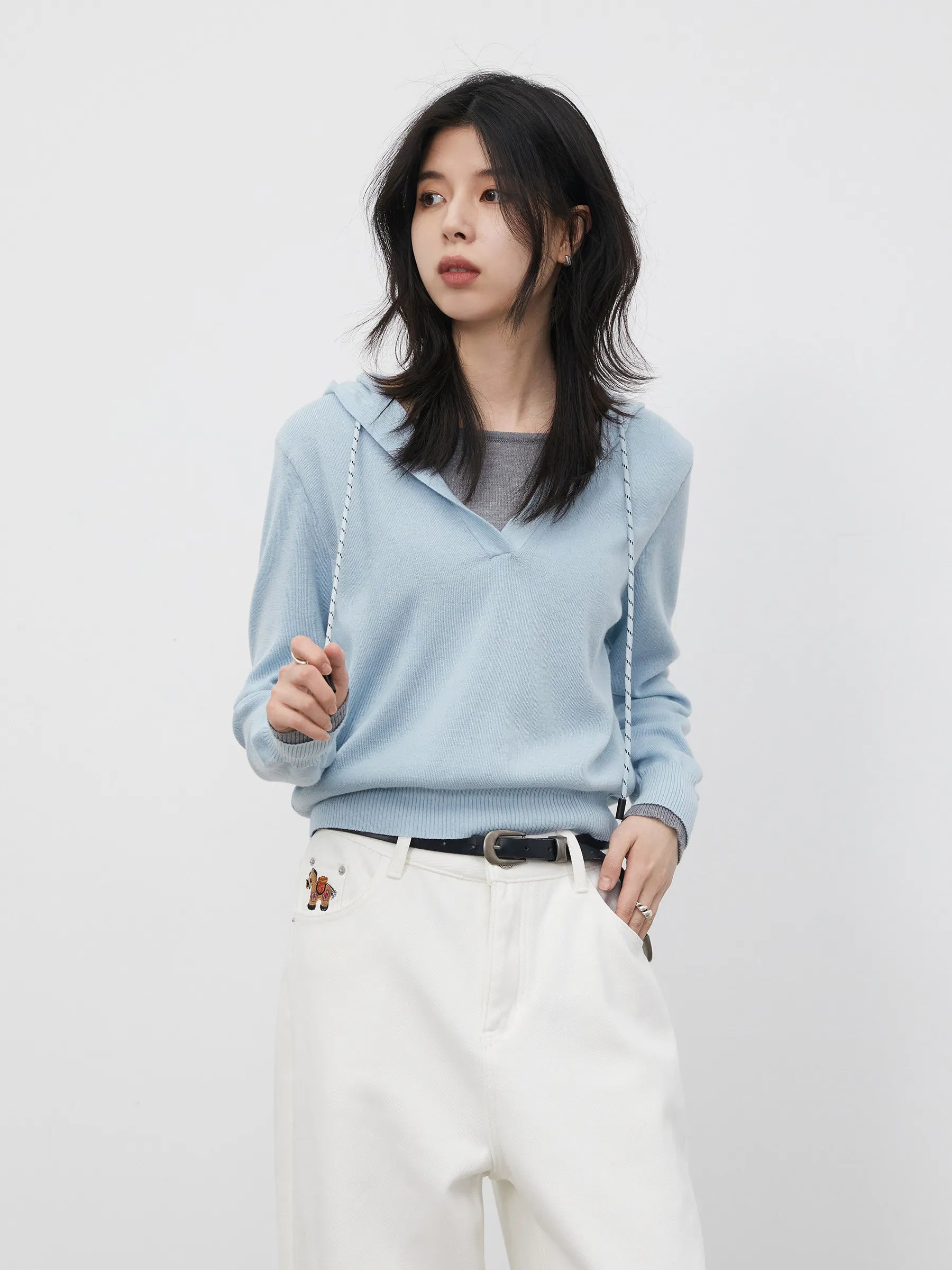 Casual Contrast Color Hooded Pullover - Loose Knit Sweater Loran