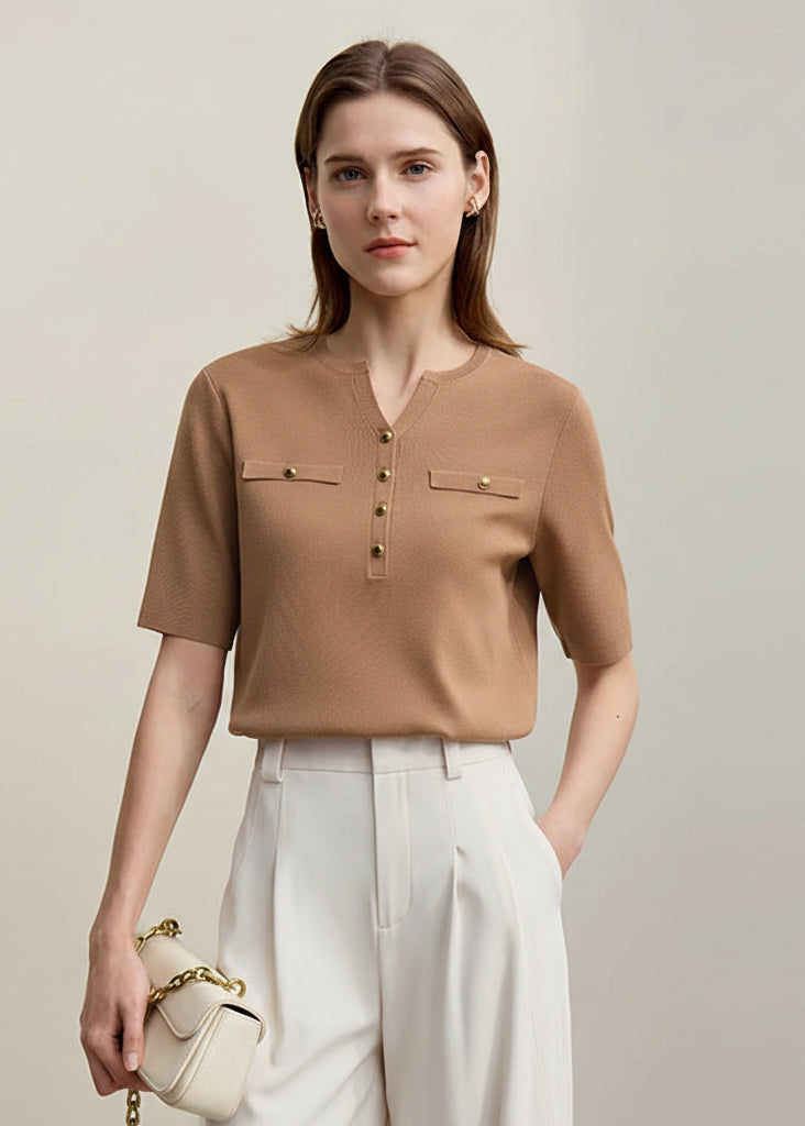Amii Women's Sweater 2026 Spring New Elegant Knitted Straight Sweater Women's Pullover Half-placket Short-sleeved Top 12621045 Loran