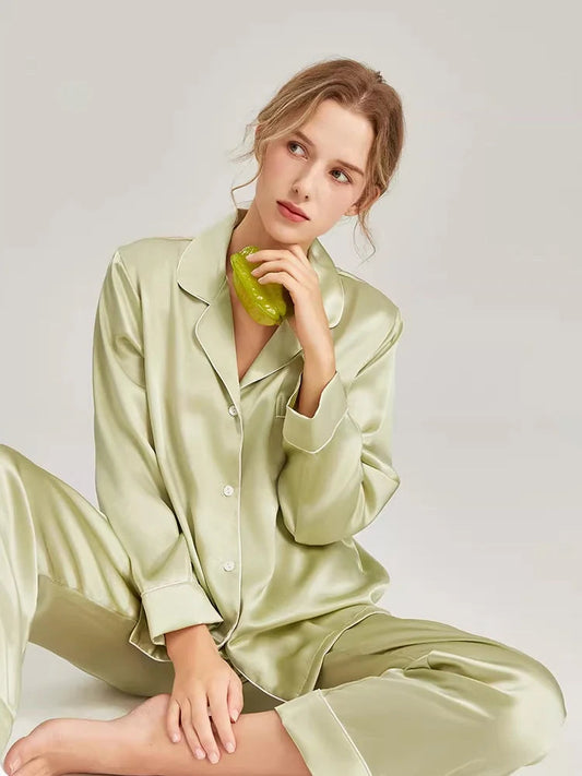 Real Silk Pajama Long Sleeve White Nightwear Loran