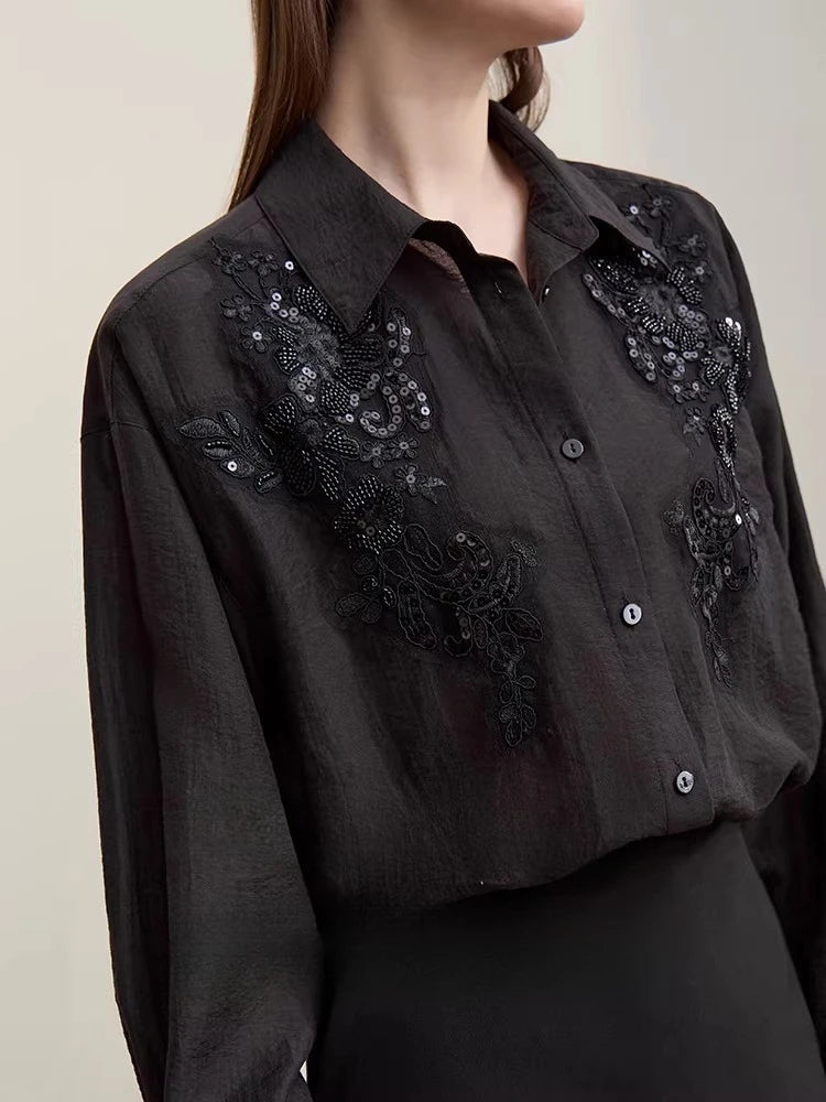 Amii Women Shirts 2026 Spring New Versatile Lapel Long Sleeve Shirt Women's Embroidery Casual Straight Mid‑Length Top 12641067 Loran