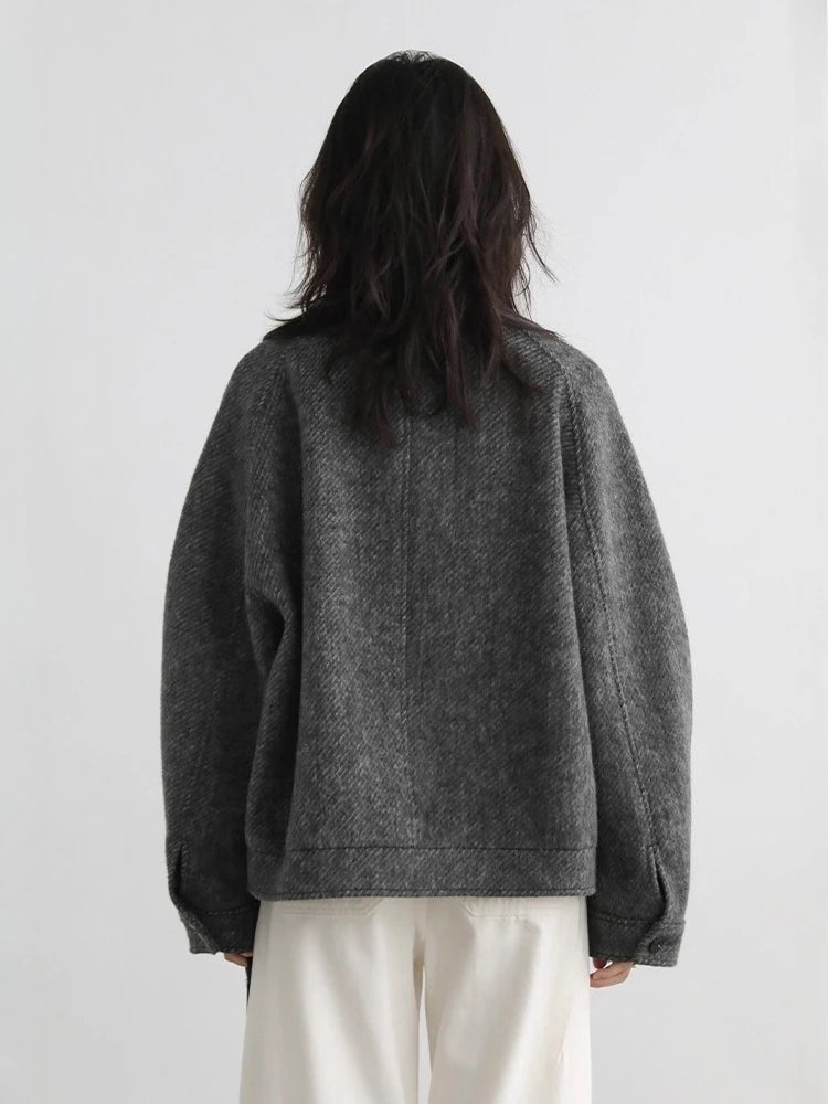 CHIC VEN Women Short Woolen Coat New Stand Up Twill Texture Single Breasted Ladies Jacket Retro Woman Outwear Autumn Winter 2025 Loran