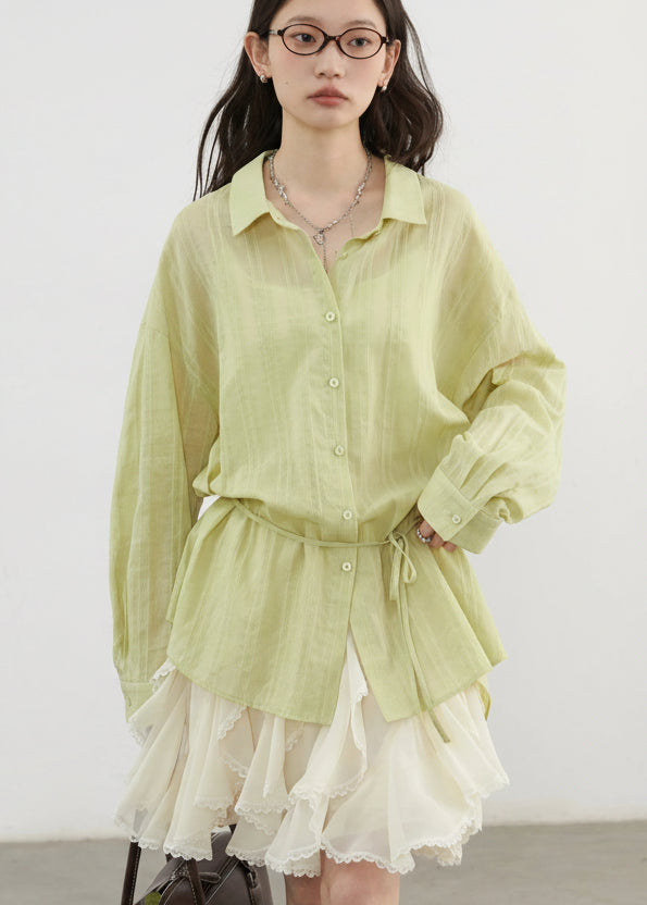 Textured Striped Waist Shirt Long Sleeve Summer Blouse Loran
