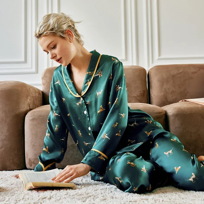 Mulberry Silk Kitty Pyjama Set Autumn Nightwear Loran