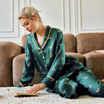 Mulberry Silk Kitty Pyjama Set Autumn Nightwear Loran