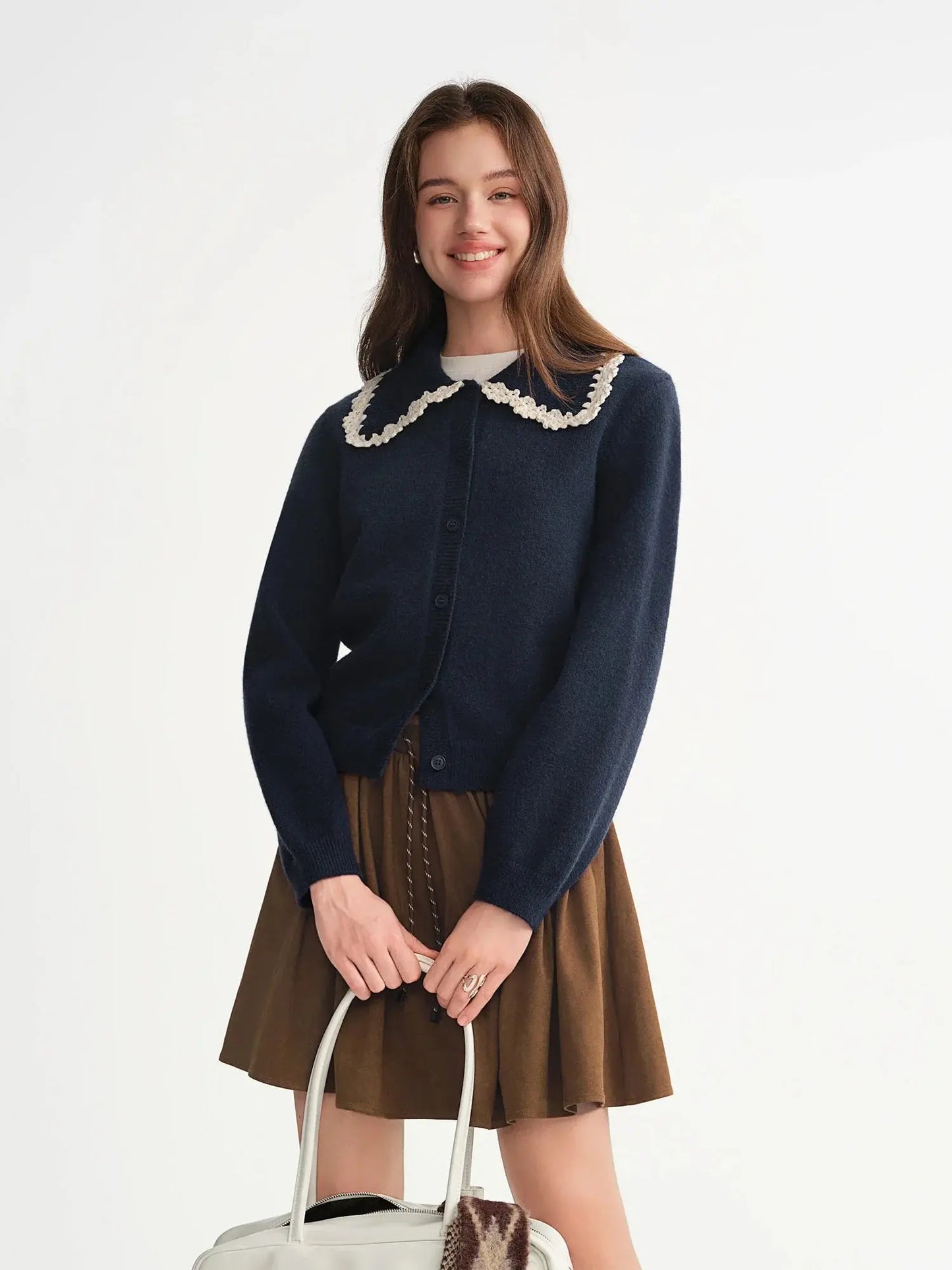 Embroidered Knit Cardigan with Lace Trim and Collar - Loran