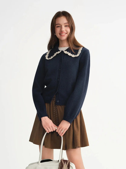 Embroidered Knit Cardigan with Lace Trim and Collar - Loran