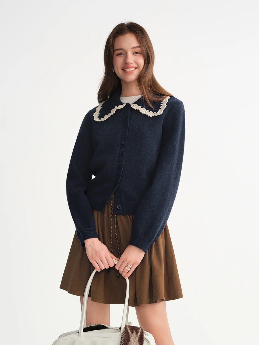 Embroidered Knit Cardigan with Lace Trim and Collar