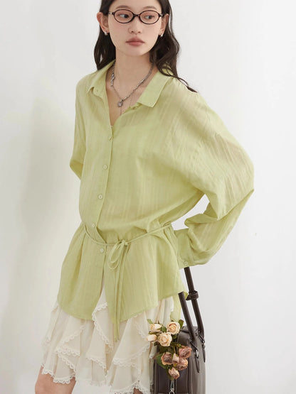 Textured Striped Waist Shirt Long Sleeve Summer Blouse Loran