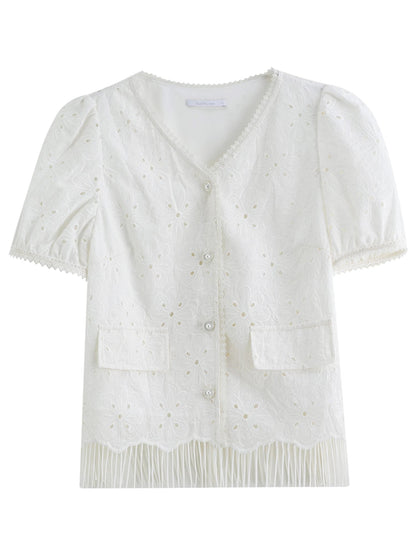 White Lace Embroidery Chic Summer Shirt Tassel Detail Loran