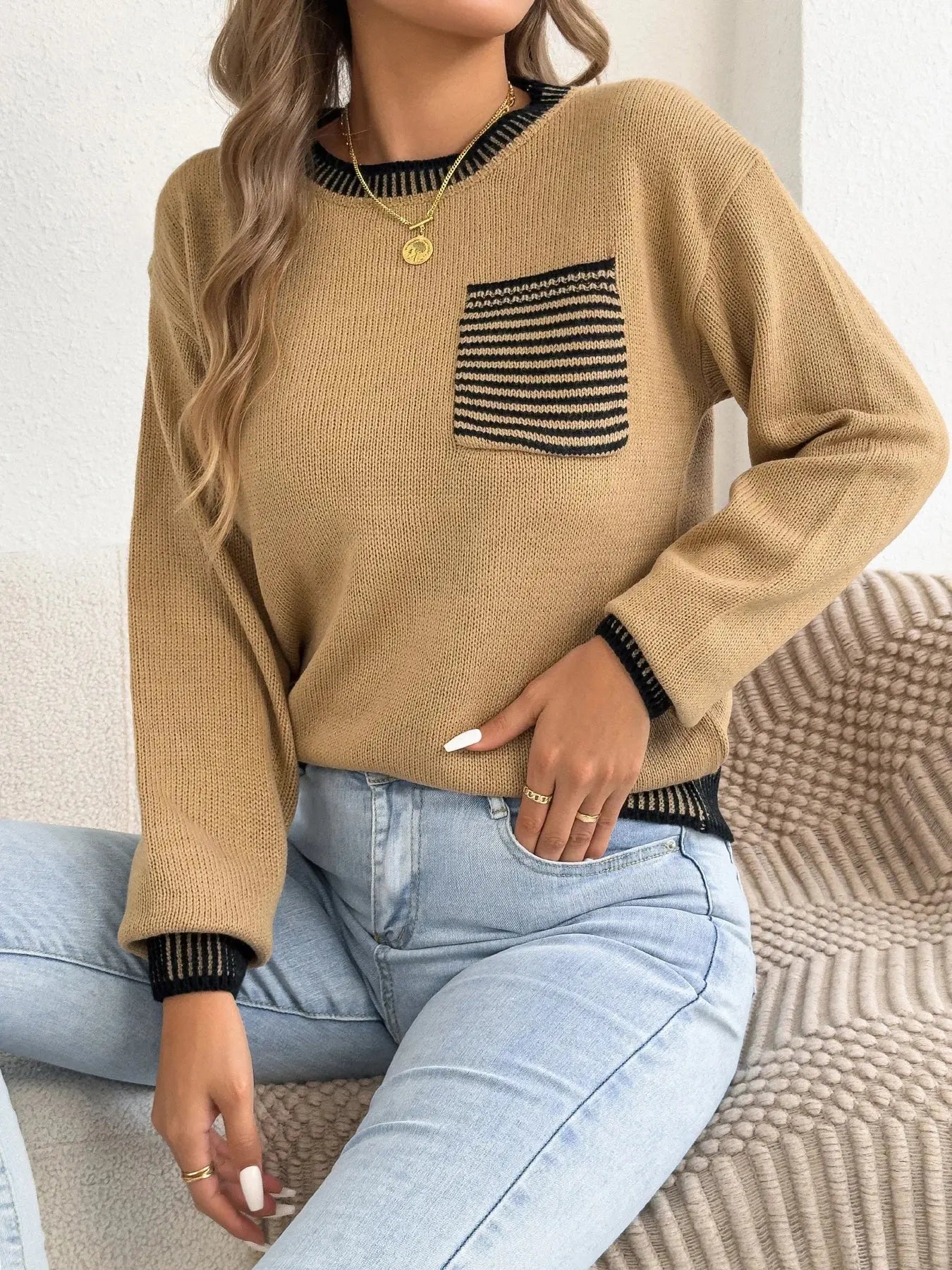 Chic Striped Color Block Knitted Top with Pockets - Lantern Sleeve Style - Loran