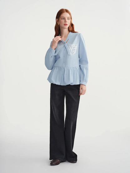 Women's Plus-Size Relaxed Winter Shirt with Lace Collar & Patch Pocket - Loran