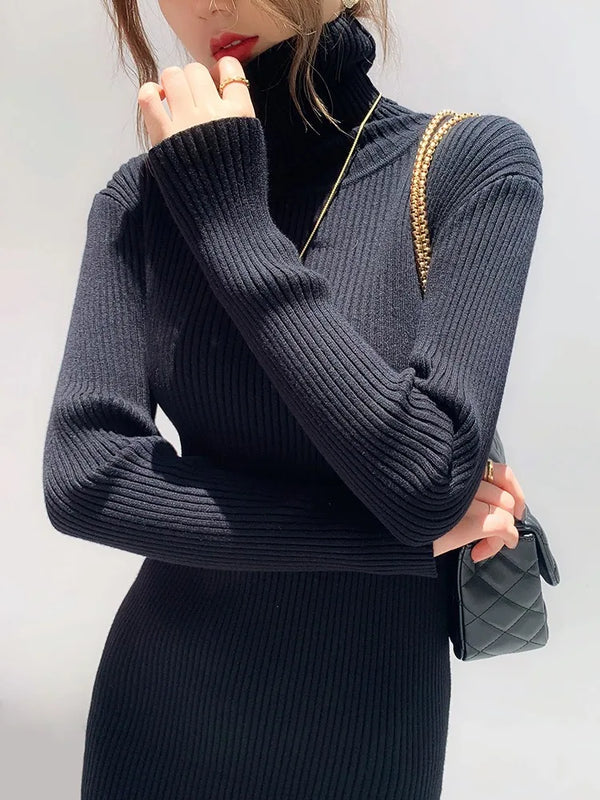 Elegant Slim Turtleneck Mid-length Knitted Dresses - 3IN SMART Shop  #