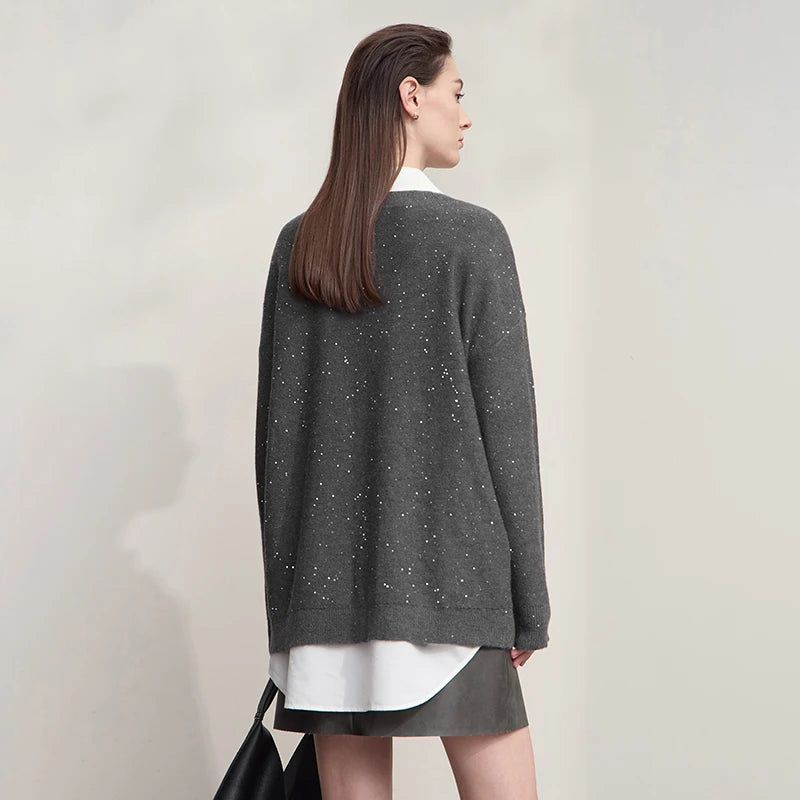 Casual, Solid Color V-Neck Loose Knit