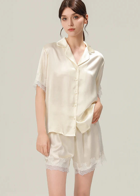 Fimtariah  19mm Lace Silk Pajama Two-piece Set Short Sleeves Women Summer  Spring Soft   high-end silk home wear for mothers Loran