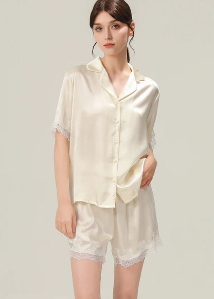 Fimtariah  19mm Lace Silk Pajama Two-piece Set Short Sleeves Women Summer  Spring Soft   high-end silk home wear for mothers Loran