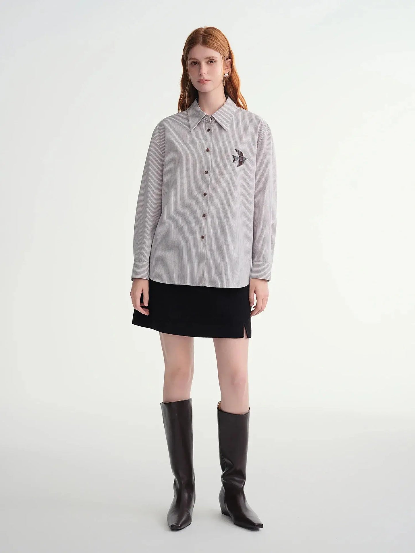 Plus-Size Birds Appliqué Checkered Stripe Shirt - Loran