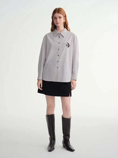 Plus-Size Birds Appliqué Checkered Stripe Shirt - Loran