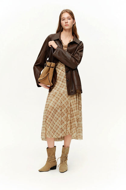 Brown Retro Plaid Mesh Maxi Dress Romantic Style Loran