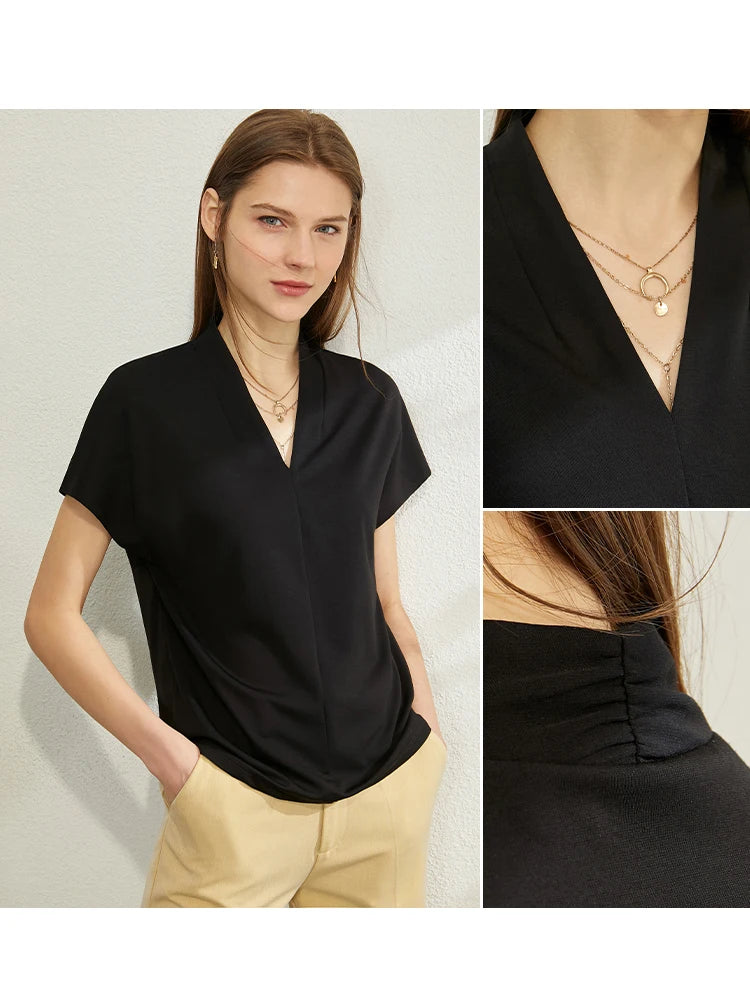 AMII Minimalism 2025 Summer Women's T-shirt Classic Style Casual V-neck Short Sleeve Solid Stretch Female Tops & Tees 12312013 Loran