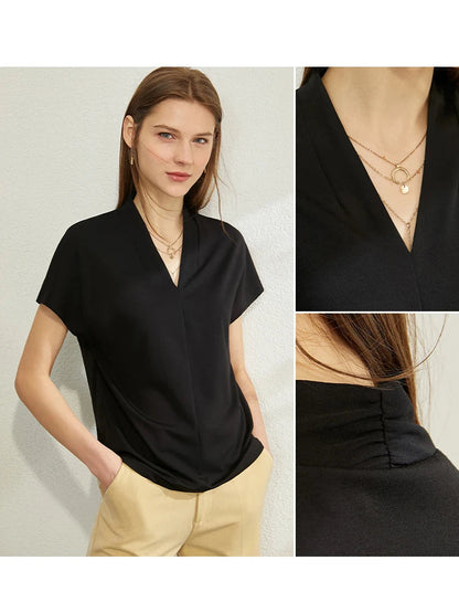 AMII Minimalism 2025 Summer Women's T-shirt Classic Style Casual V-neck Short Sleeve Solid Stretch Female Tops & Tees 12312013 Loran