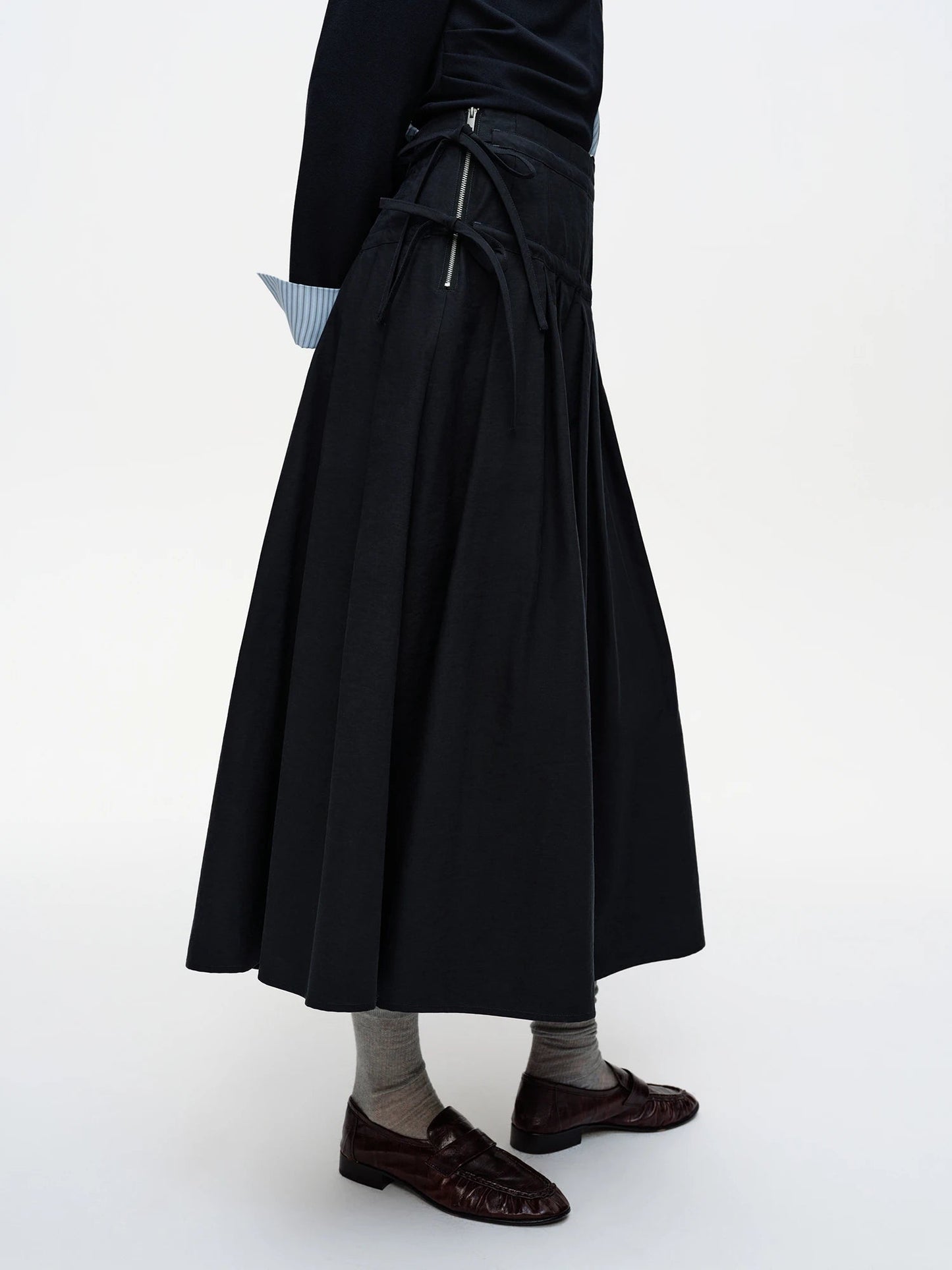 High Waist 3D Pleated Midi Skirt with Side Tie & Ruffles Loran