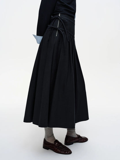 High Waist 3D Pleated Midi Skirt with Side Tie & Ruffles Loran