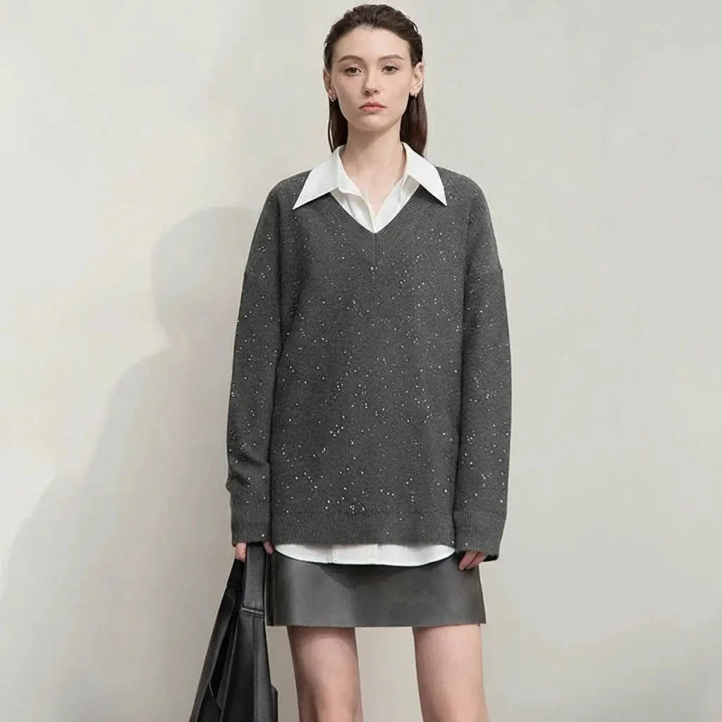 Casual, Solid Color V-Neck Loose Knit - Loran