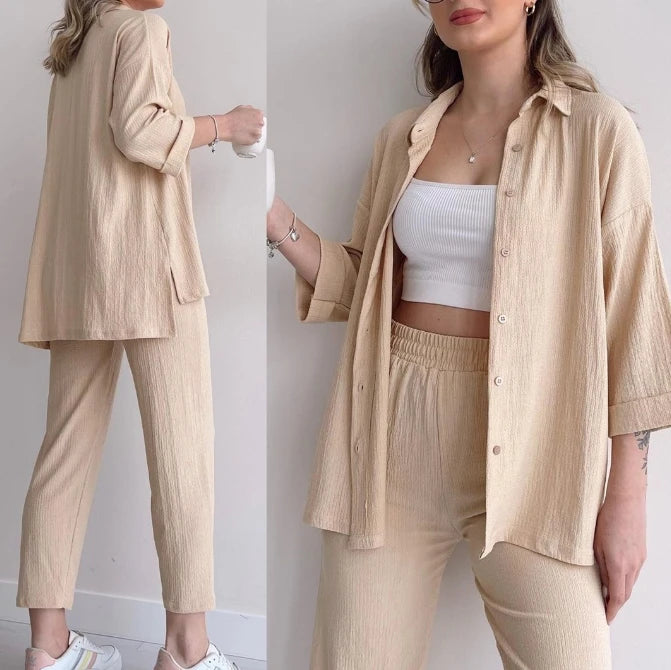 Casual Loose Shirt & Cropped Pants Set for Women