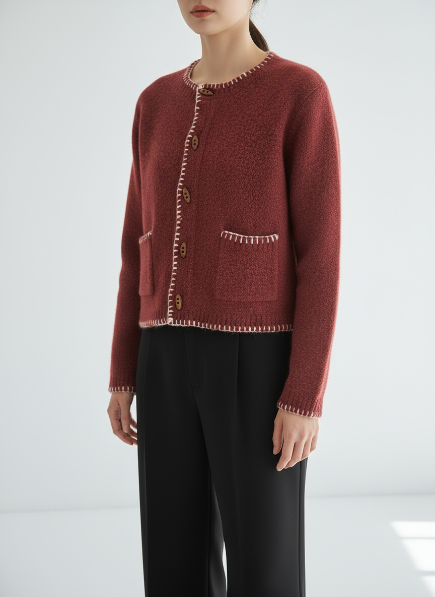 Red textured cardigan worn by a person on a white background