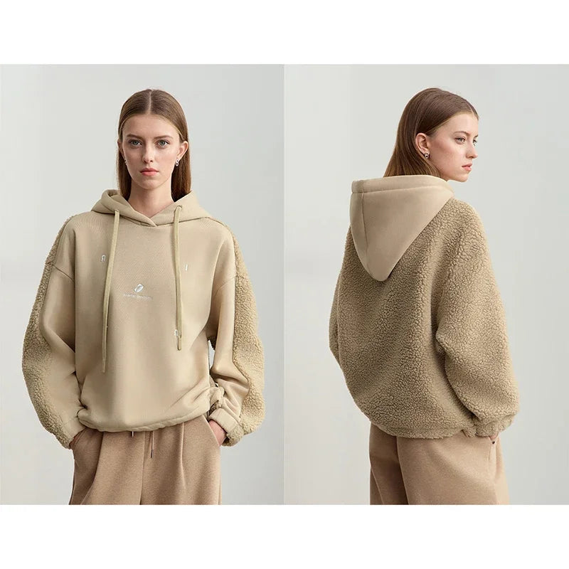 Embroidered Drawstring Faux Lamb Wool Sweatshirt