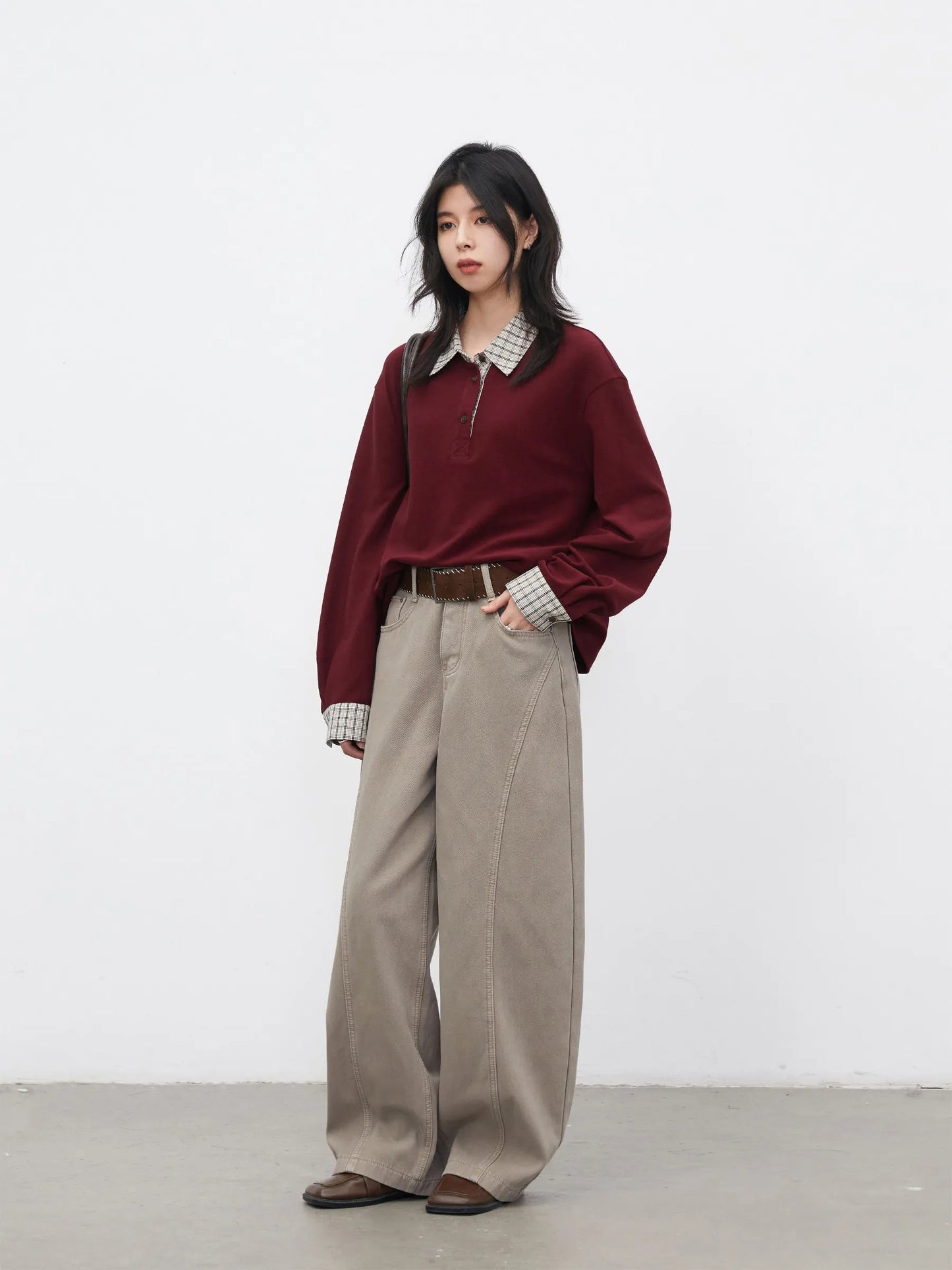 Color Block Plaid T-Shirt  Loose Casual Long Sleeve Loran