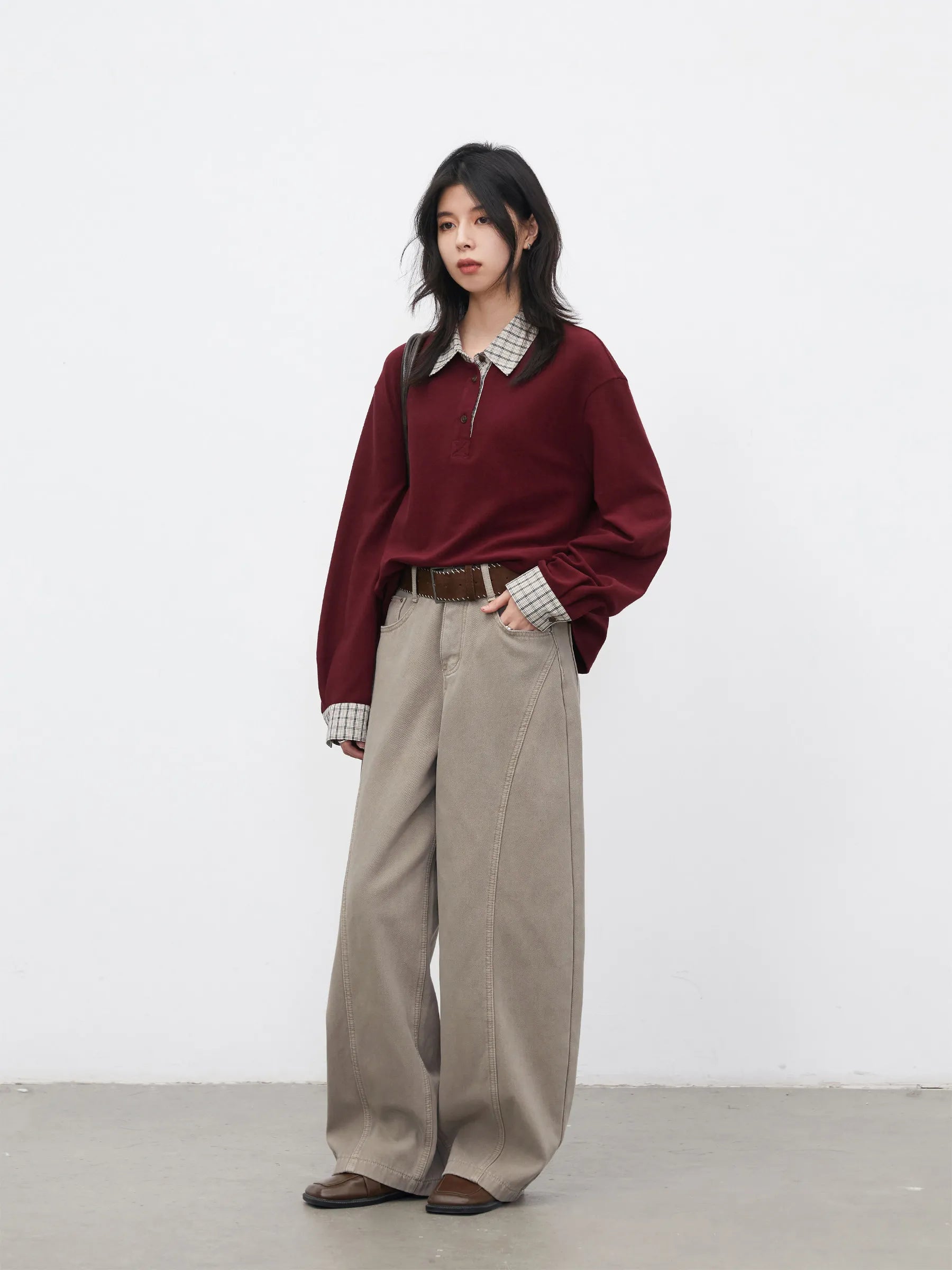 Color Block Plaid T-Shirt  Loose Casual Long Sleeve Loran