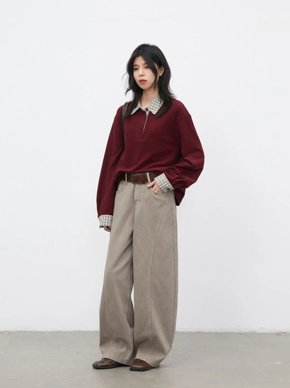Color Block Plaid T-Shirt  Loose Casual Long Sleeve Loran