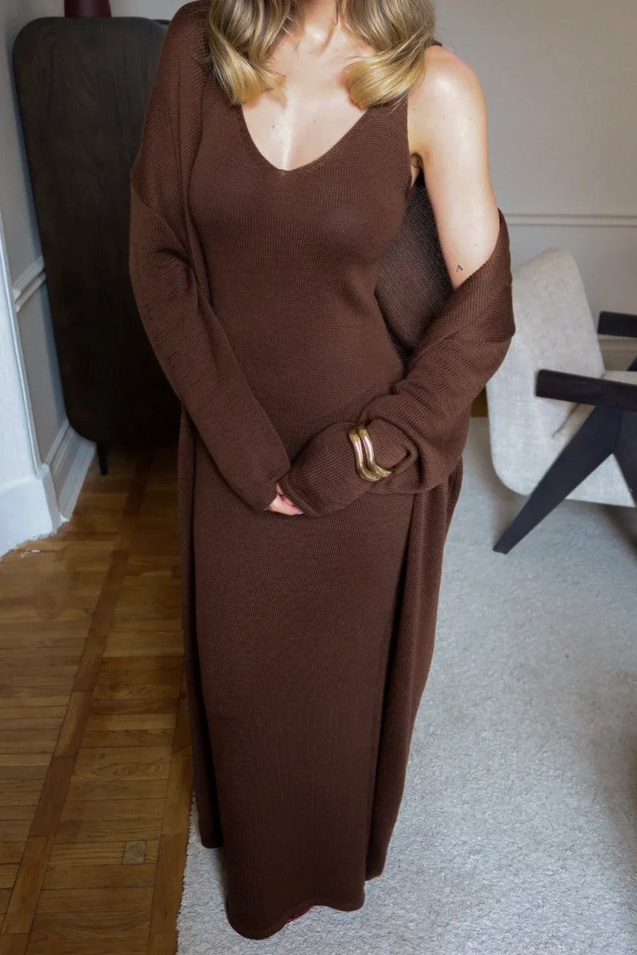 Effortless Soft-Knit Two-Piece Set with Long Cardigan