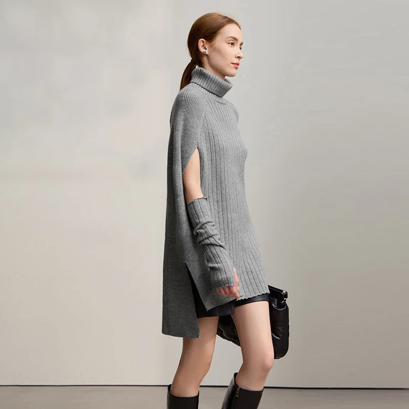 Chic Turtleneck Knit Sweater Cape | Solid Winter Pullover