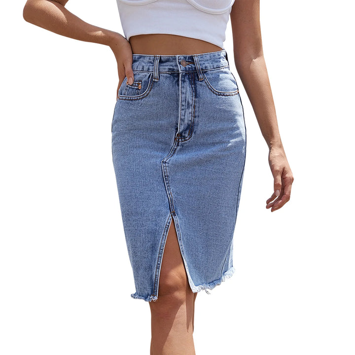 Front Slit Blue Denim Skirt Pockets - 3IN SMART Shop  #