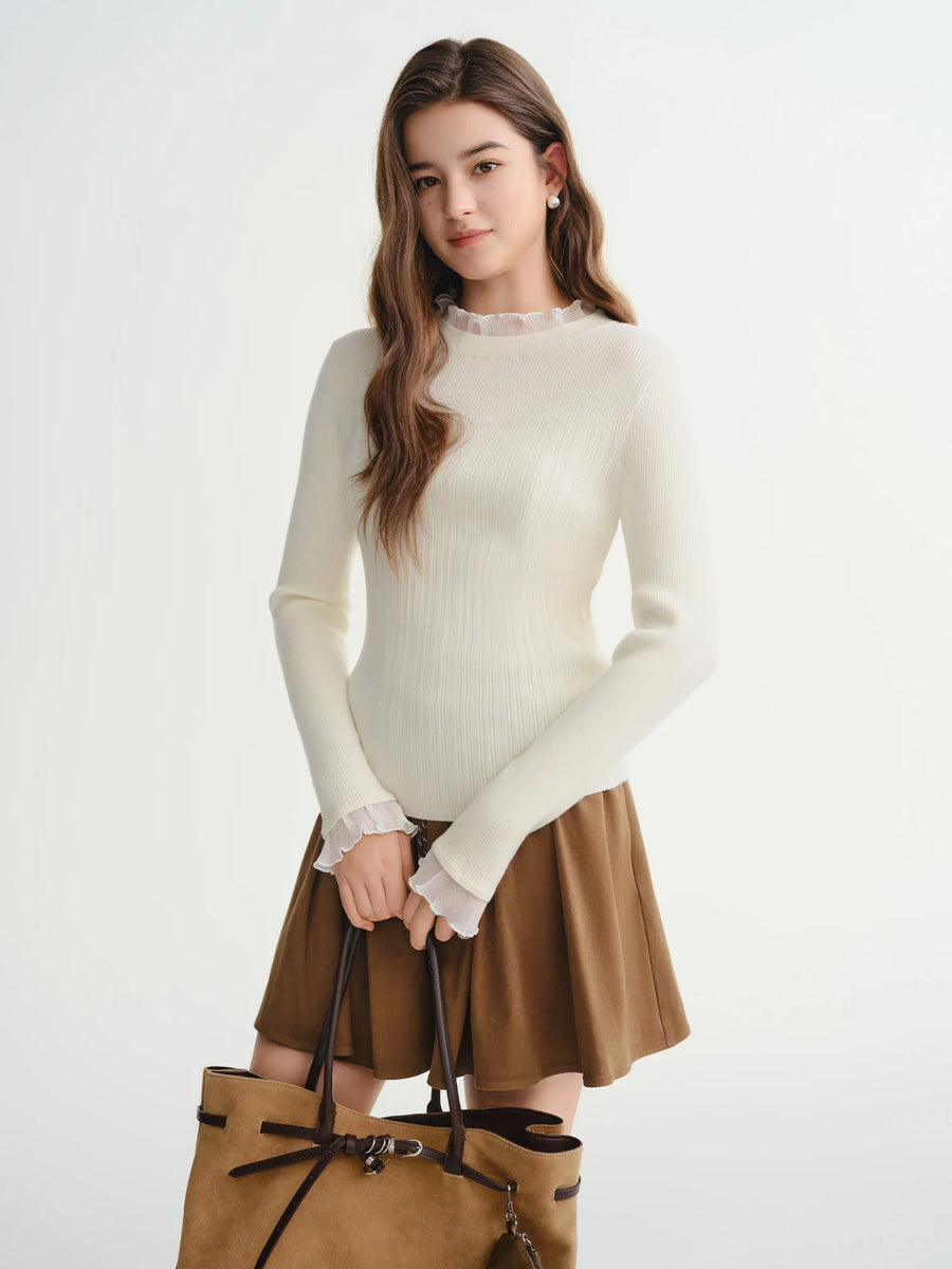 Chic Plus Size Lace Collar Knit Top - Slimming Winter Base Layer