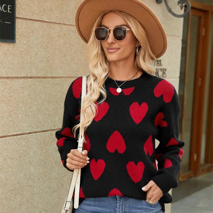 Mix Color Heart Knitted Jumper: Long Sleeve O-Neck Sweater for Women - Loran