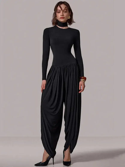 Slim-Fit Patchwork Jumpsuit with Draped Long Sleeves - Loran