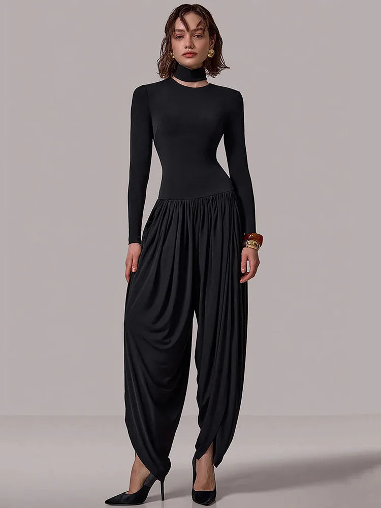 Sexy Slim-Fit Patchwork Jumpsuit with Draped Long Sleeves