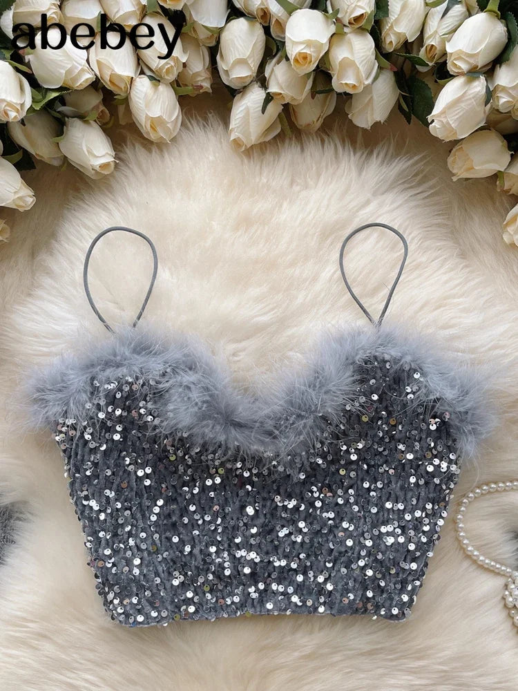 Elegant Glitter Sequins Furry Camis Sexy Fashion Vest Top