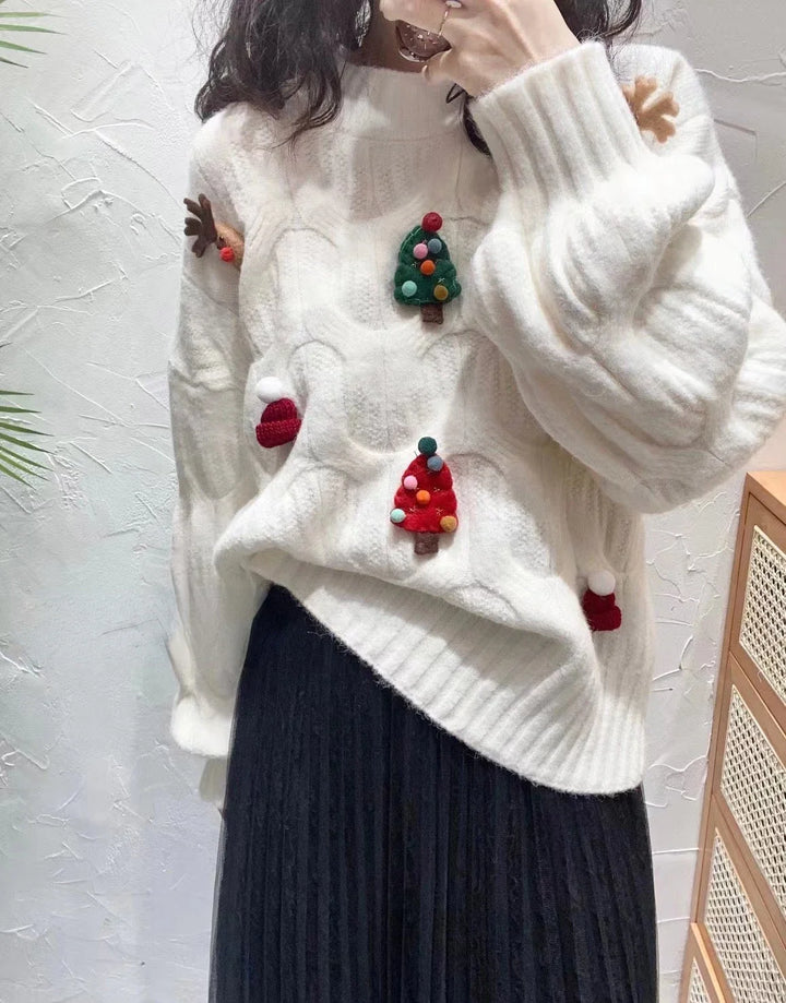 Christmas Tree Appliques Loose Pullovers Long Sleeve Knitted Sweaters - 3IN SMART Shop  #