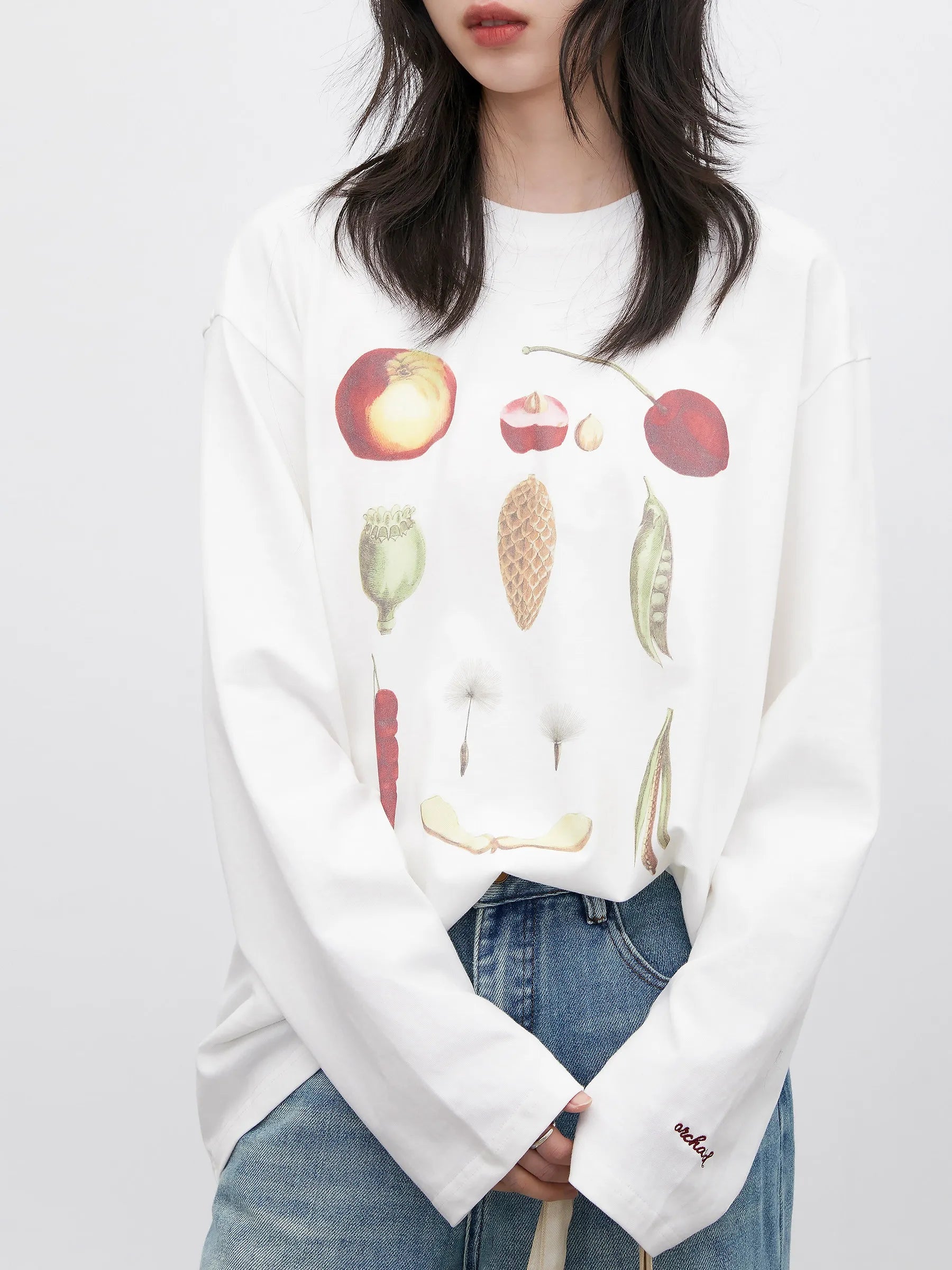 Floral & Fruit Print Long Sleeve T-Shirt Cotton Tee Loran