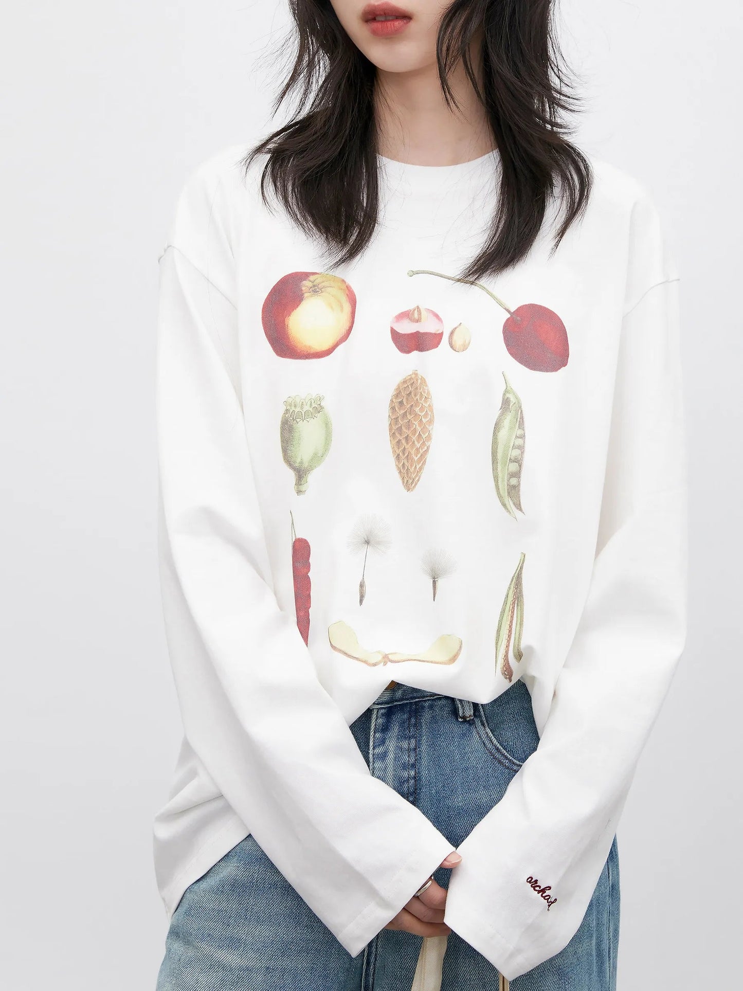 Floral & Fruit Print Long Sleeve T-Shirt Cotton Tee Loran