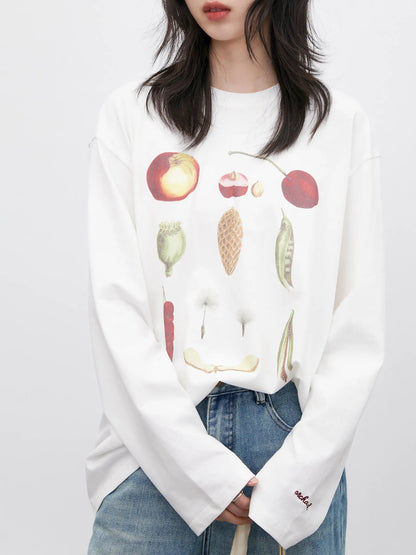 Floral & Fruit Print Long Sleeve T-Shirt Cotton Tee Loran