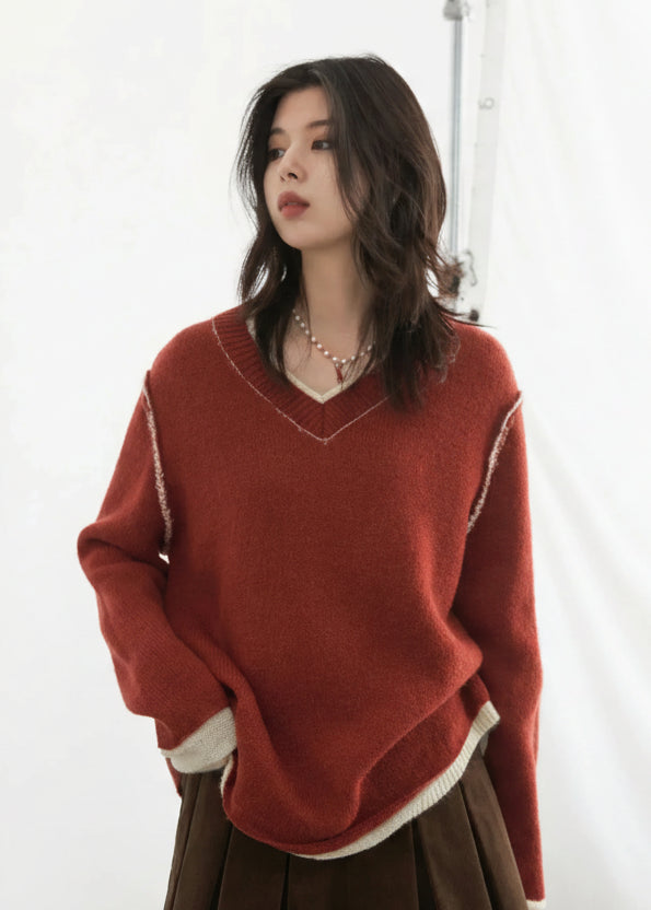 CHIC VEN Women Sweaters Long Sleeves Loose Pullovers Korean Color Block V-neck Patchwork Female Knitted Top Autumn Winter 2024 Loran
